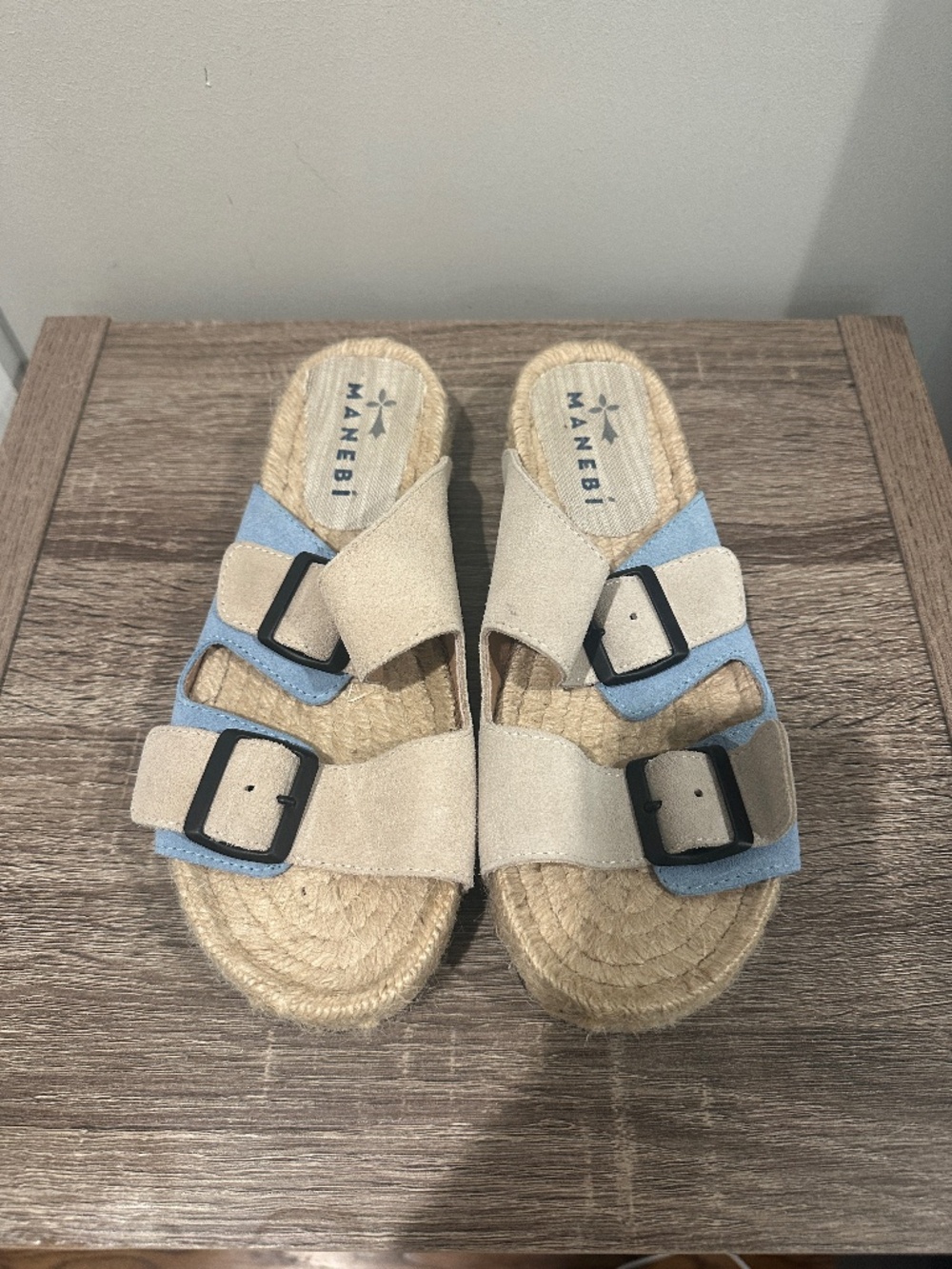 Manebí Nordic Espadrille Sandals in Tan and Light Blue Suede